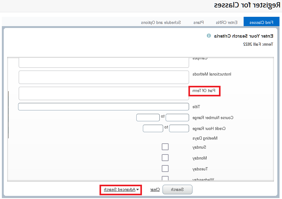 注册课程 page shown with the "Advanced 搜索" functionality enabled highlighting "Part of Term"