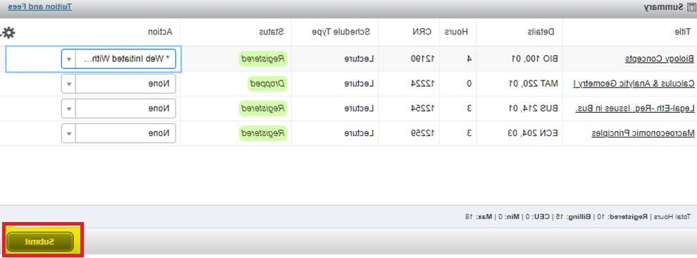 Summary box displayed on 注册课程. Action drop-down for first row has selected "Web Initiated Withdraw"