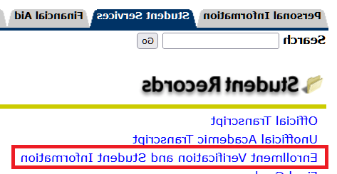 Self Service Banner "Student Records" page highlighting "Enrollment Verification and 学生信息" link